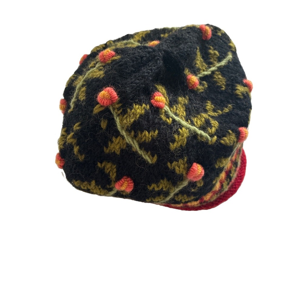 Lost Horizons Wool Beanie O/S Made in Nepal Embroidered Flowers Red Handmade